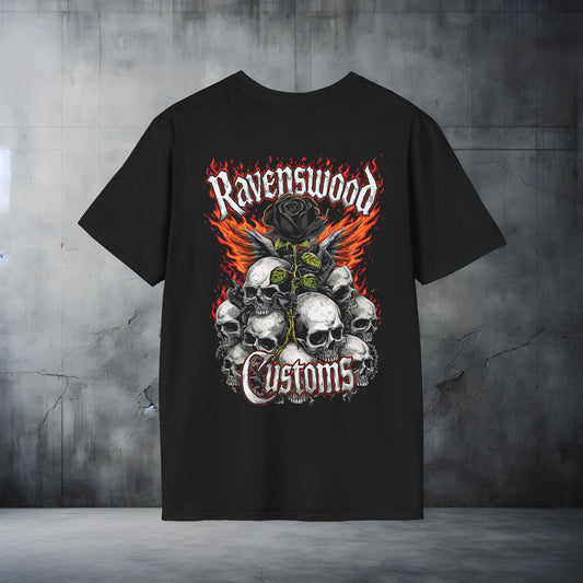 Ravenswood Customs Skull Flame & Black Rose Graphic T-Shirt