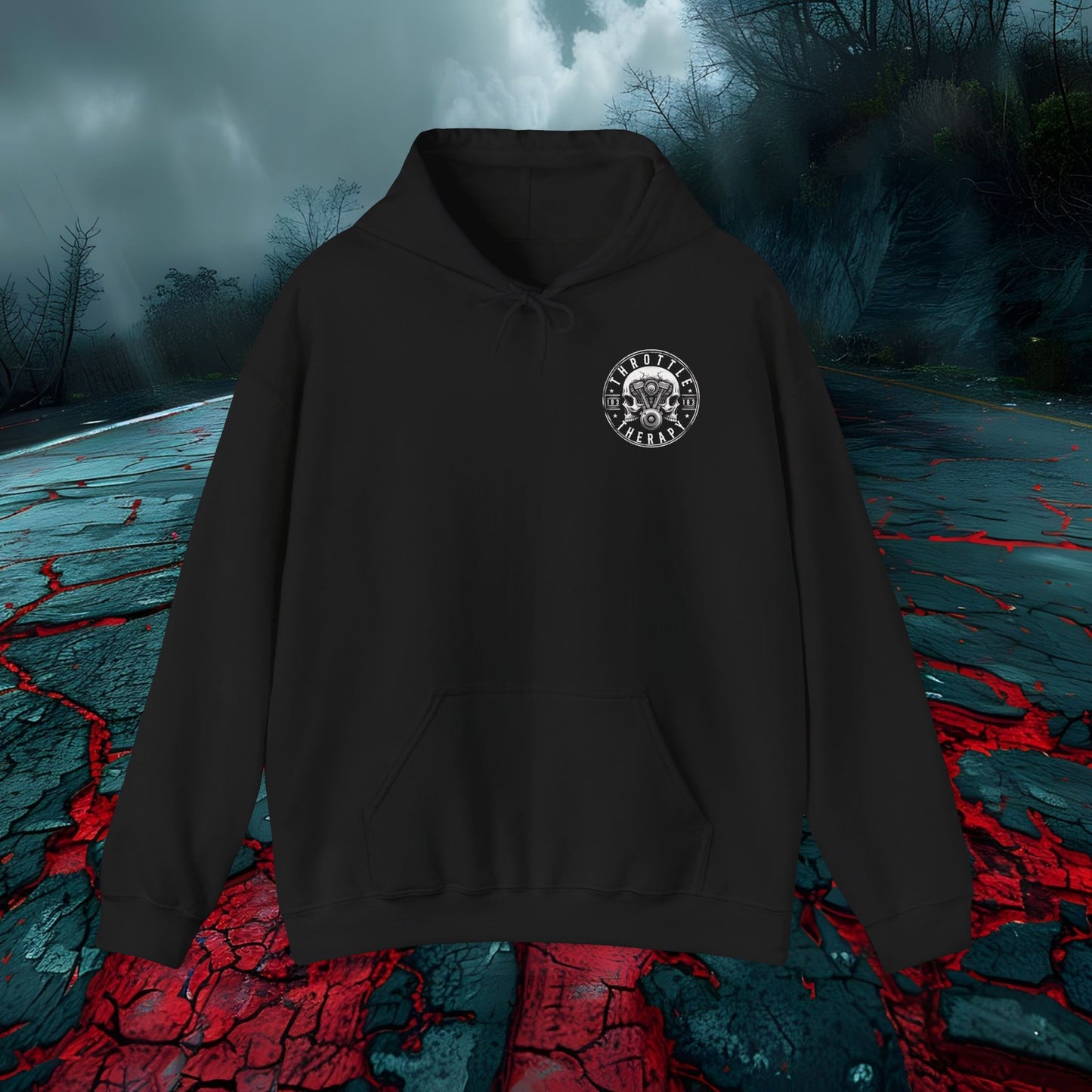 Throttle Therapy Unisex Hoodie - Heavy Blend, Skull & Engine Graphic