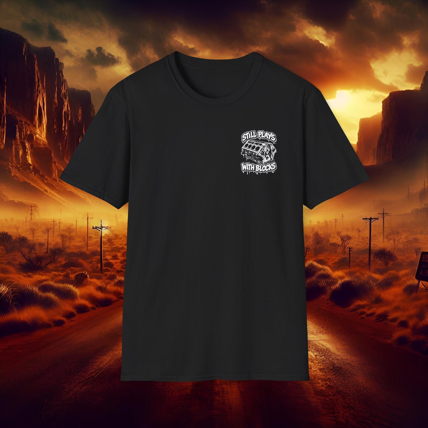 "Still Plays With Blocks" V8 Engine Block Graphic White Tee