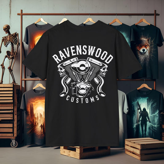 Ravenswood Customs Graphic Vtwin T-Shirt - Unisex Softstyle Tee for Custom Enthusiasts