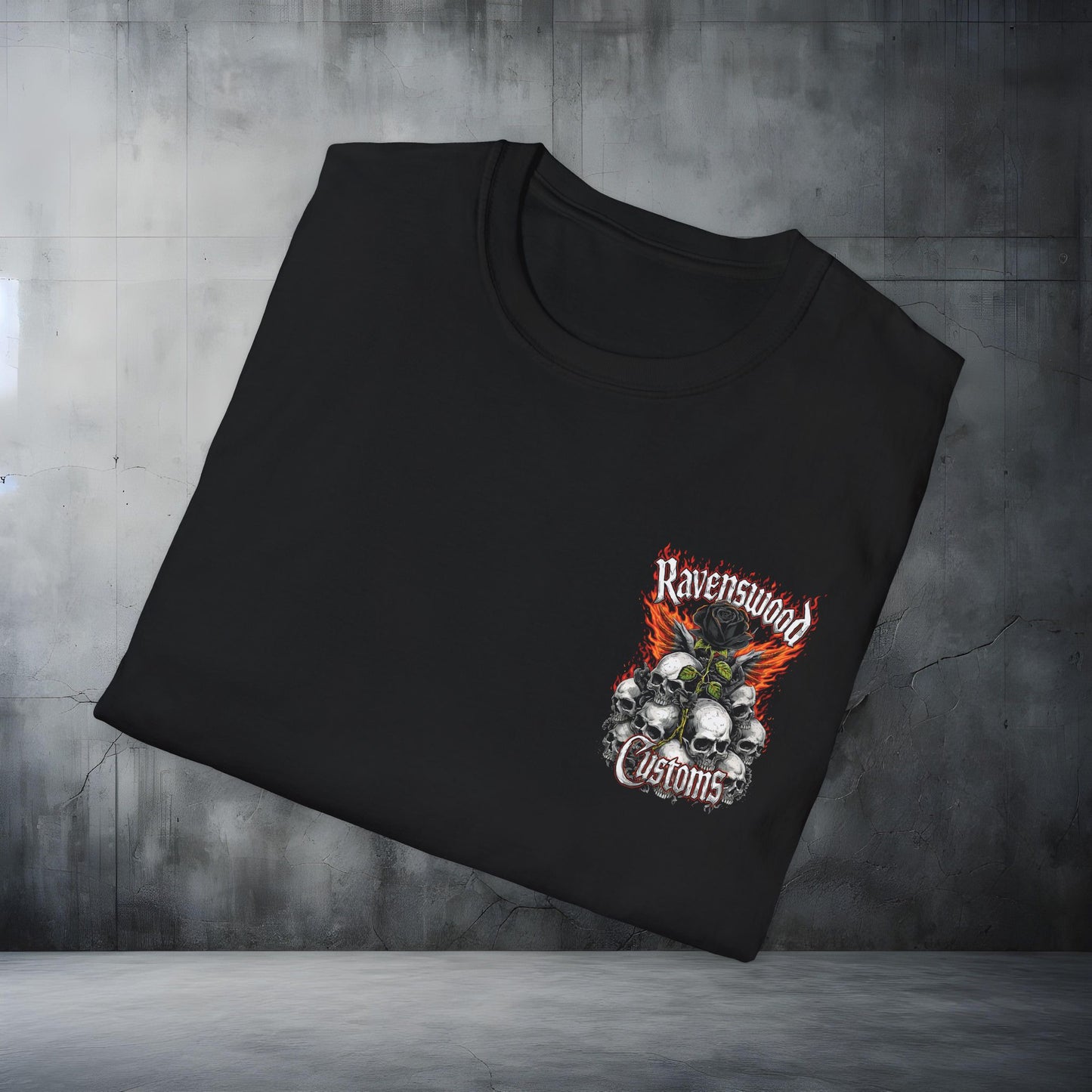 Ravenswood Customs Skull Flame & Black Rose Graphic T-Shirt