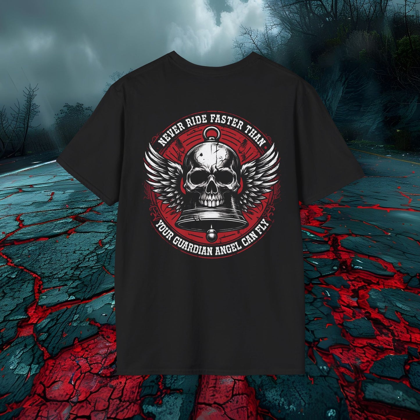 Biker Skull Graphic T-Shirt - 'Never Ride Faster Than Your Guardian Angel Can Fly'