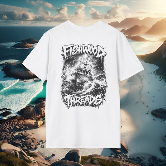 Fishwood Threads Graphic T-Shirt Fishing Boat in a Storm Logo Tee