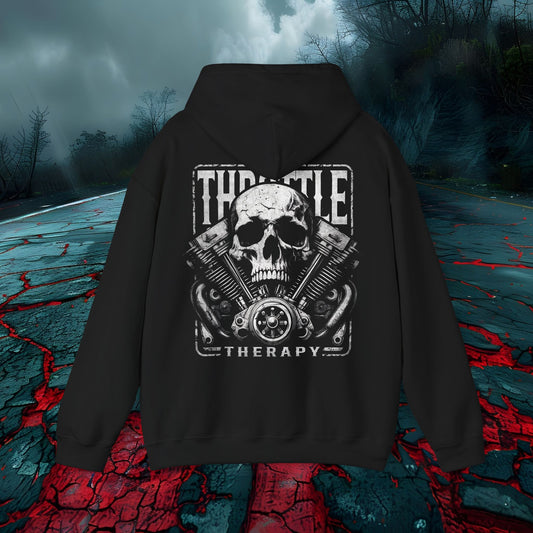 Throttle Therapy Unisex Hoodie - Heavy Blend, Skull & Engine Graphic