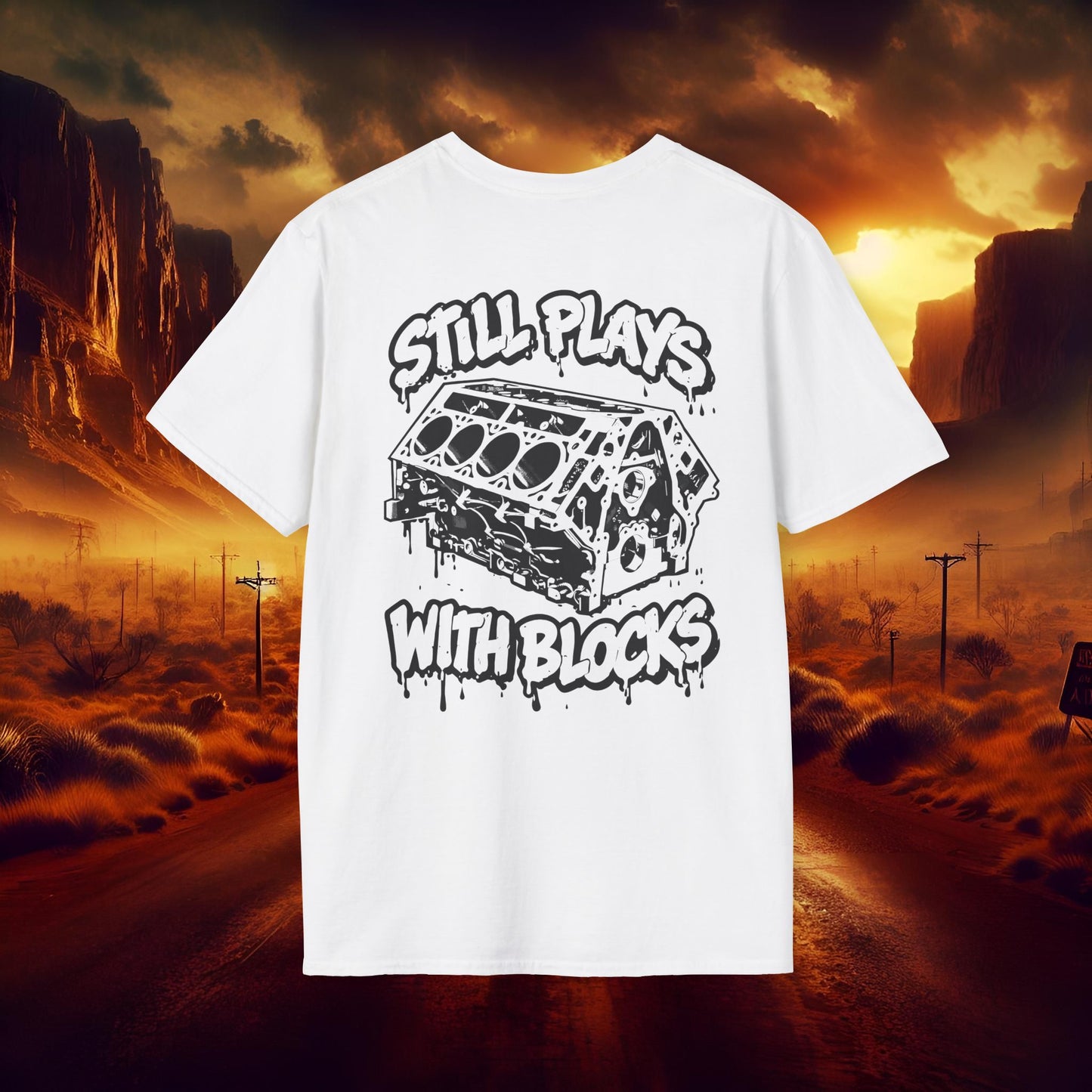 "Still Plays With Blocks" V8 Engine Block Graphic White Tee