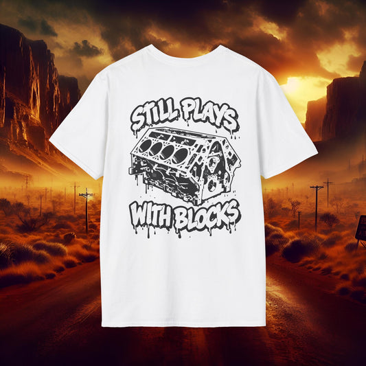 "Still Plays With Blocks" V8 Engine Block Graphic White Tee