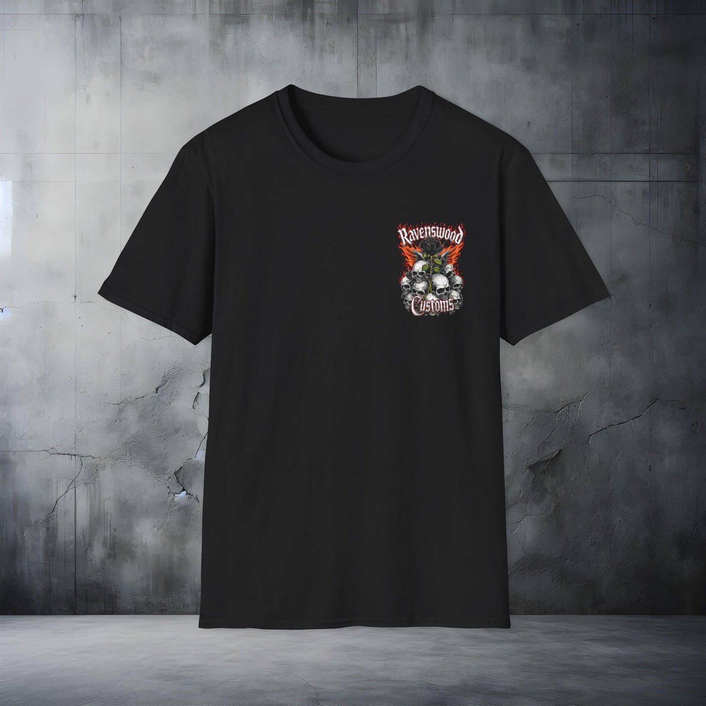 Ravenswood Customs Skull Flame & Black Rose Graphic T-Shirt