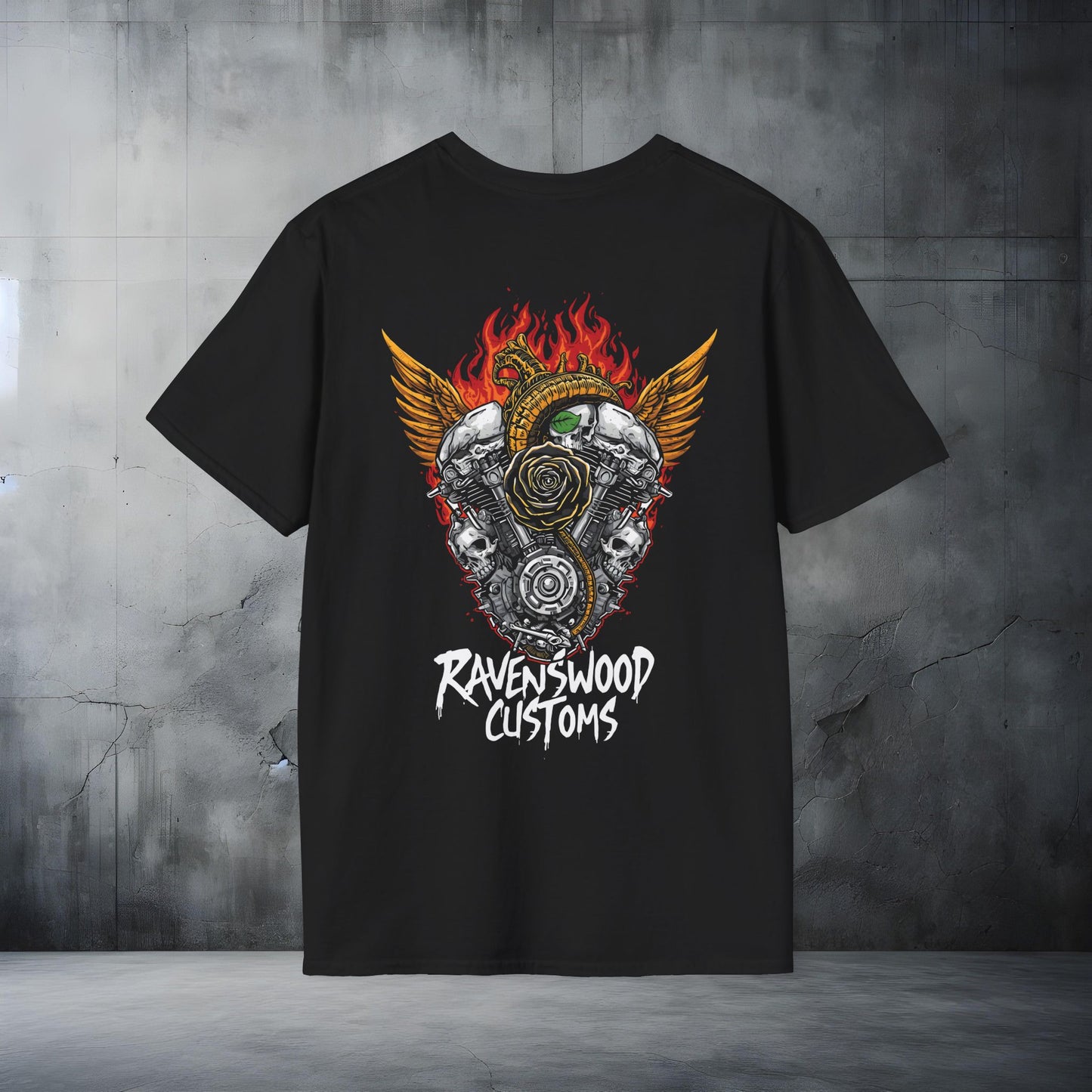 Ravenswood Customs Golden Wings Skull Vtwin Tee Graphic Motorcycle Shop T-Shirt