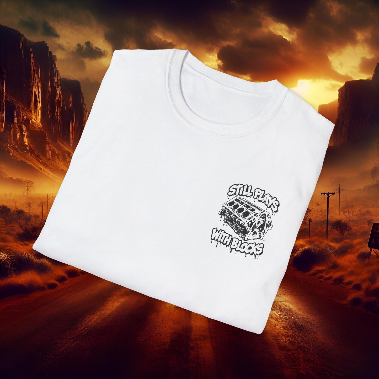 "Still Plays With Blocks" V8 Engine Block Graphic White Tee