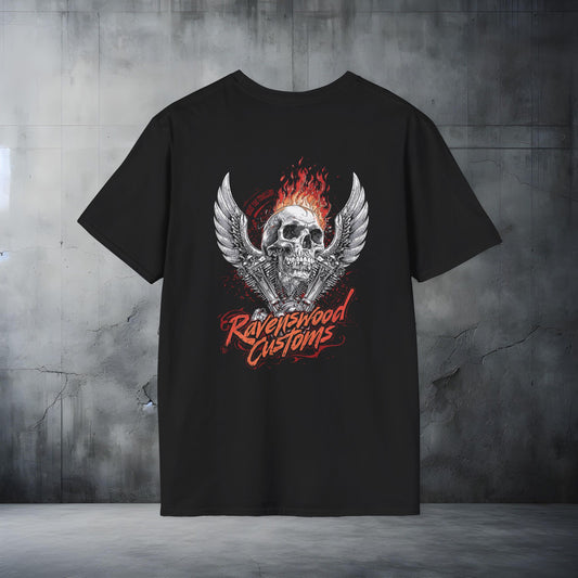 Ravenshood Customs Flaming Skull Wings T-Shirt Graphic Tee