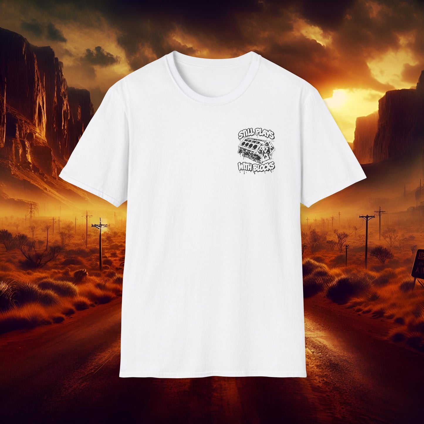 "Still Plays With Blocks" V8 Engine Block Graphic White Tee