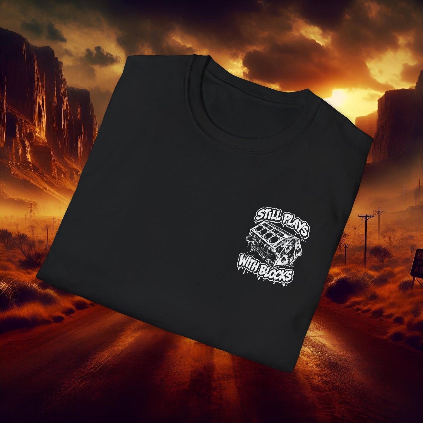 "Still Plays With Blocks" V8 Engine Block Graphic White Tee