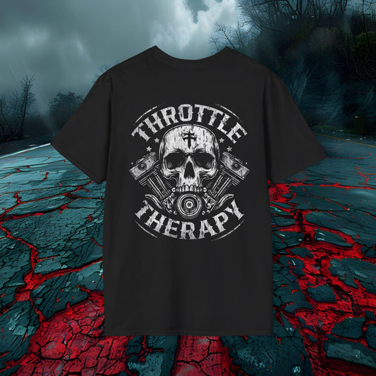 Worn Throttle Therapy Unisex Softstyle T-Shirt - Skull & Motorcycle Design