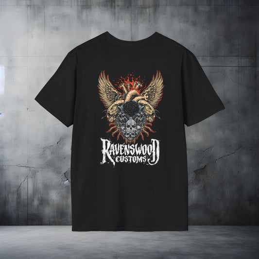 RC Flamming Winged Skull Vtwin Heart and Rose T-Shirt Botanical Anatomical Art Tee