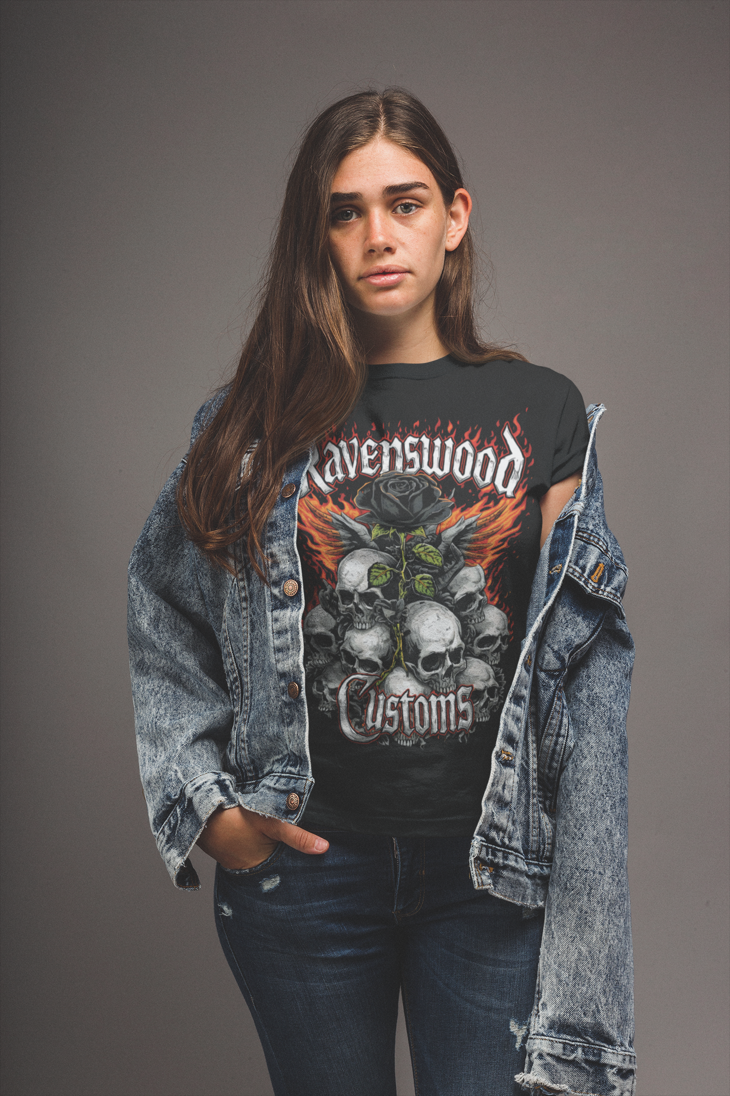 Ravenswood Customs Skull Flame & Black Rose Graphic T-Shirt