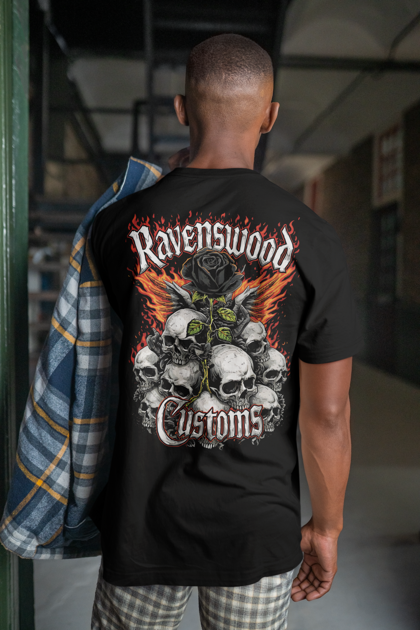 Ravenswood Customs Skull Flame & Black Rose Graphic T-Shirt
