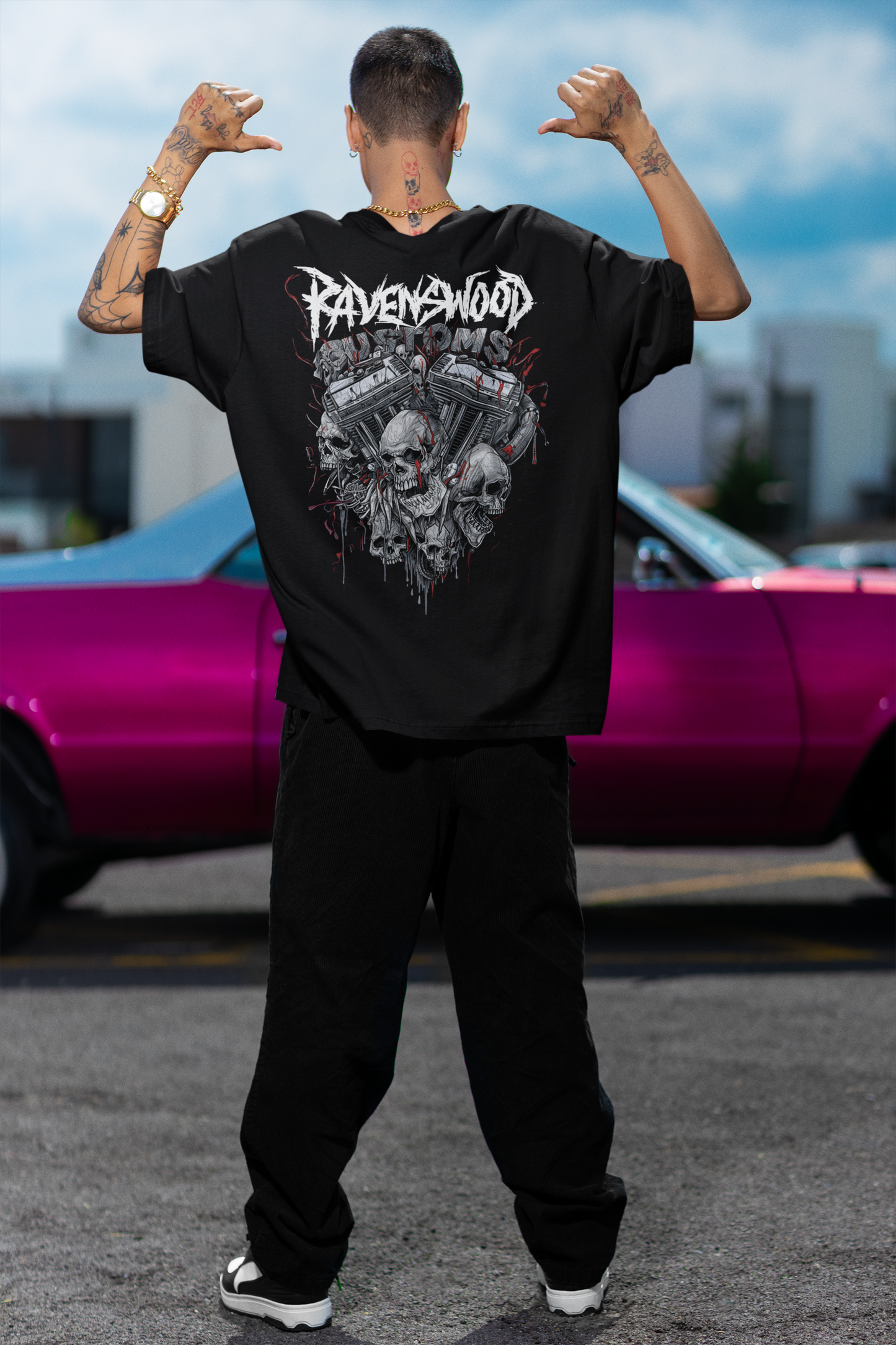 Ravenwood Customs Skull Vtwin Engine Tee - Gothic Motorcycle Biker T-Shirt