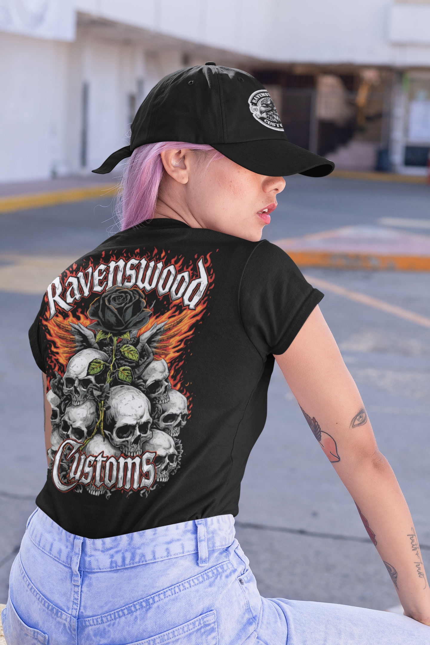 Ravenswood Customs Skull Flame & Black Rose Graphic T-Shirt