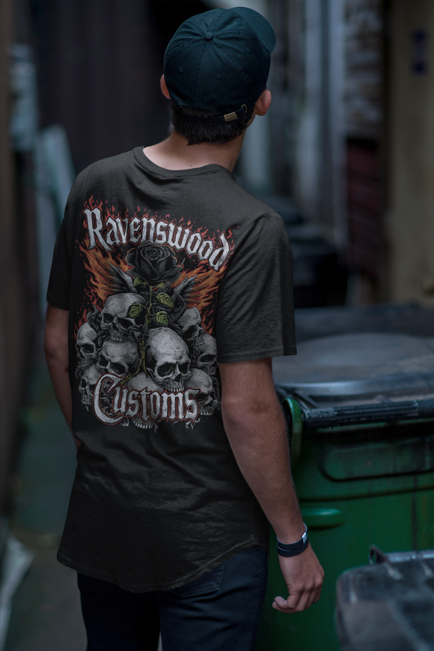 Ravenswood Customs Skull Flame & Black Rose Graphic T-Shirt