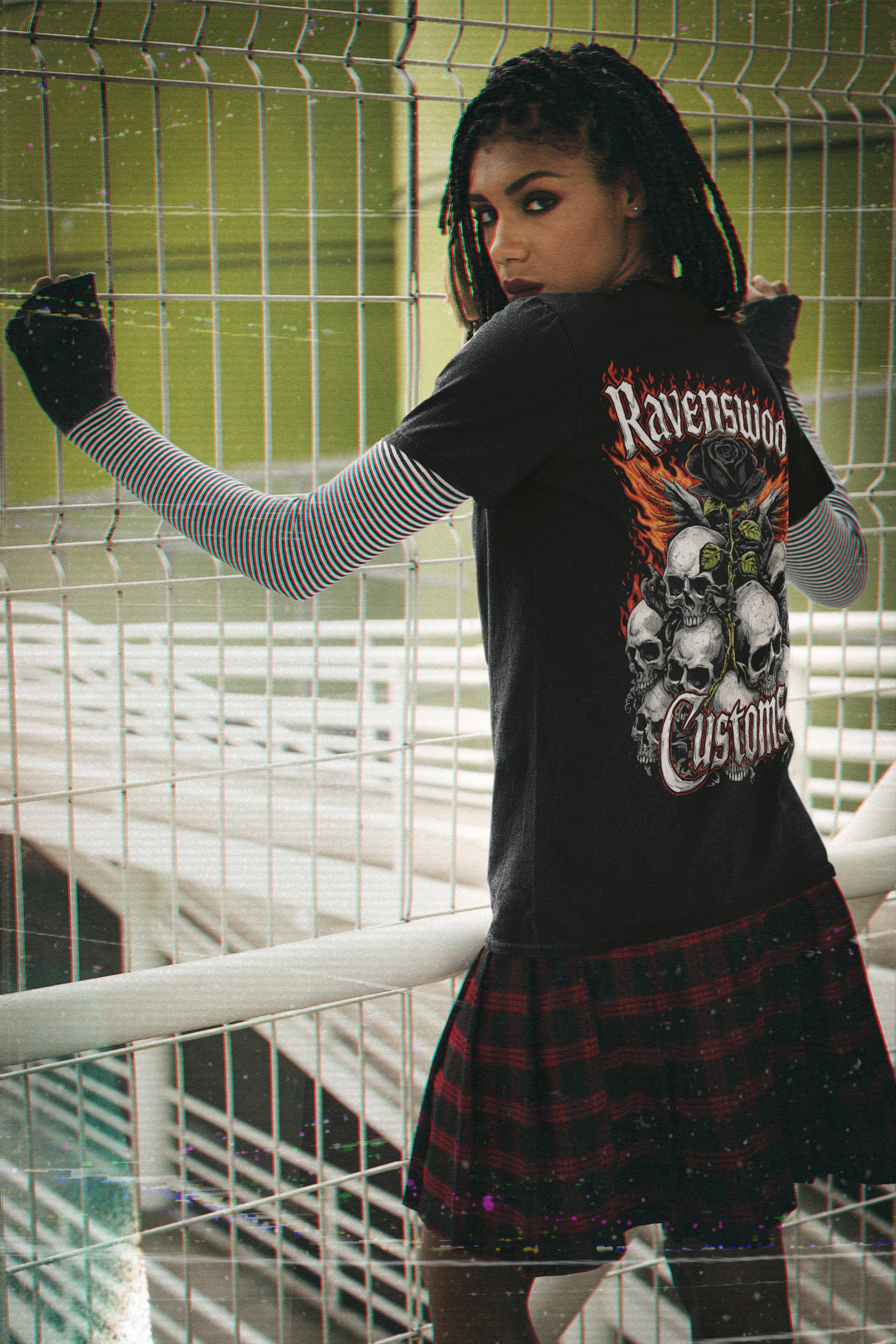 Ravenswood Customs Skull Flame & Black Rose Graphic T-Shirt