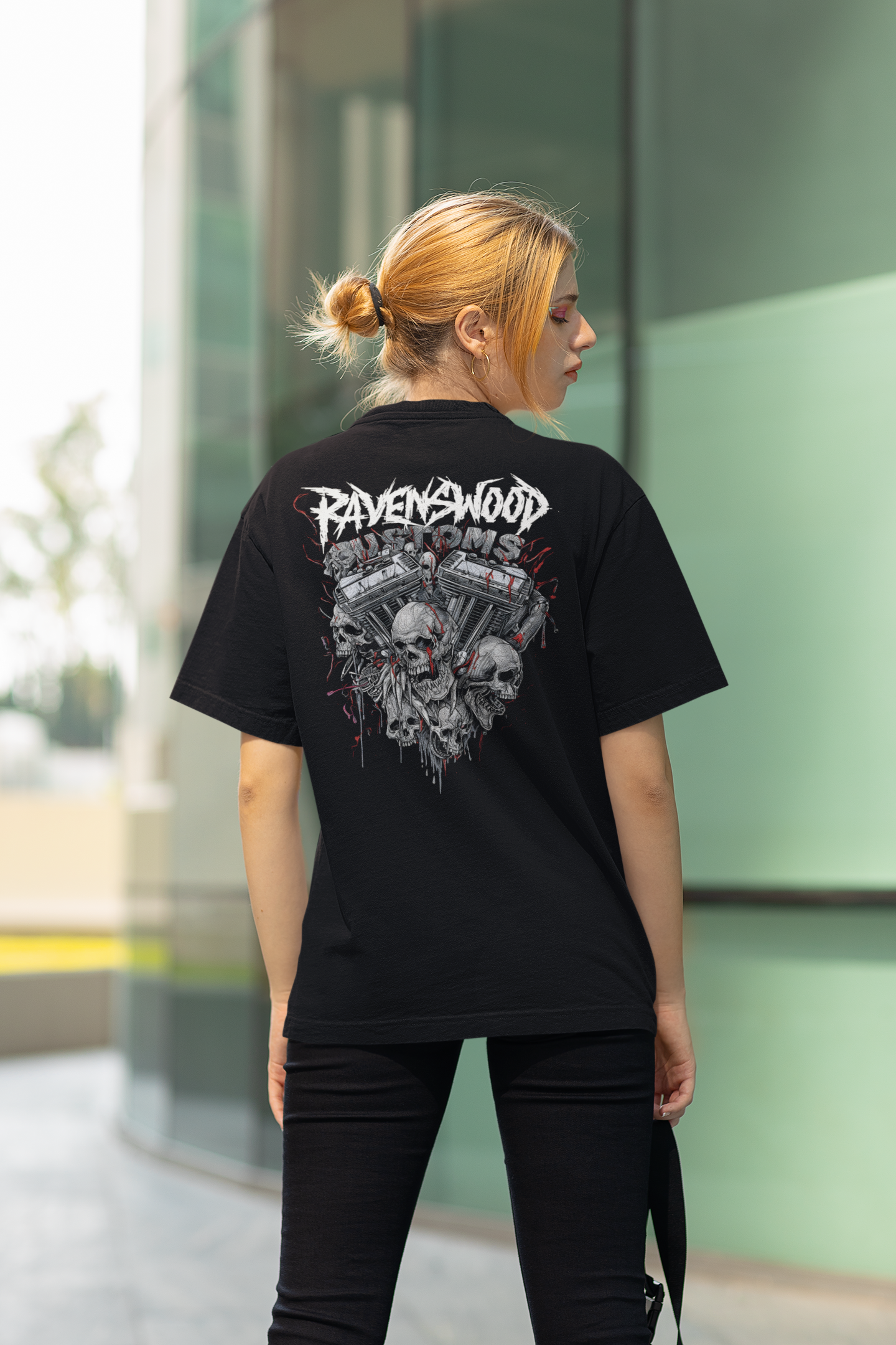 Ravenwood Customs Skull Vtwin Engine Tee - Gothic Motorcycle Biker T-Shirt
