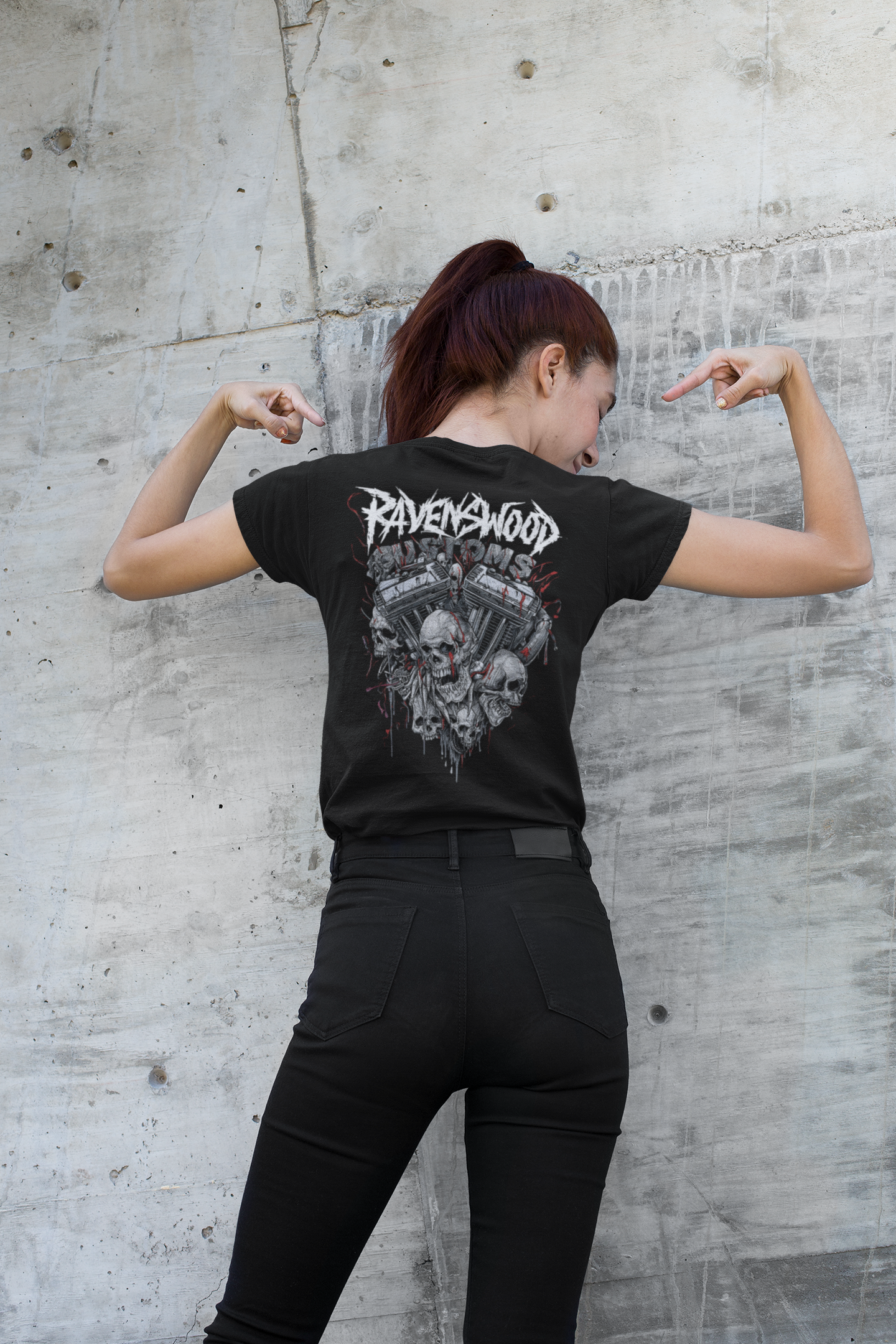 Ravenwood Customs Skull Vtwin Engine Tee - Gothic Motorcycle Biker T-Shirt