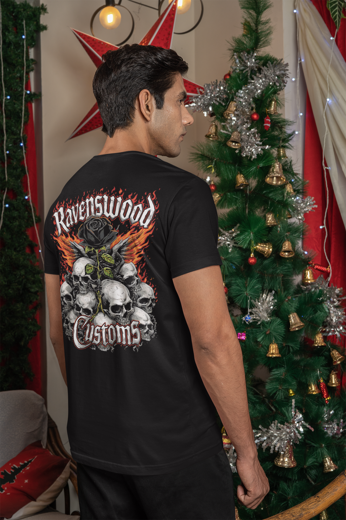 Ravenswood Customs Skull Flame & Black Rose Graphic T-Shirt