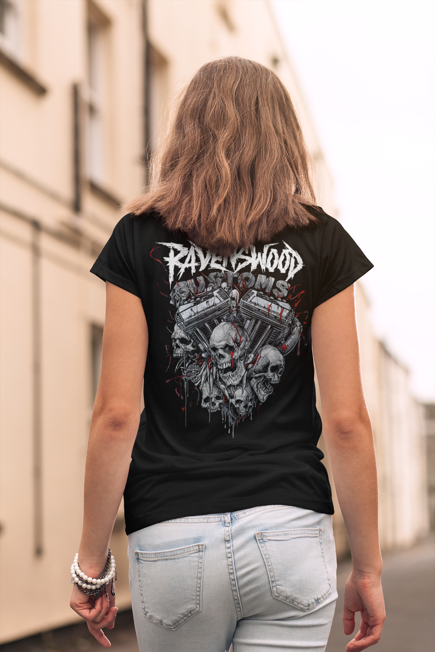 Ravenwood Customs Skull Vtwin Engine Tee - Gothic Motorcycle Biker T-Shirt